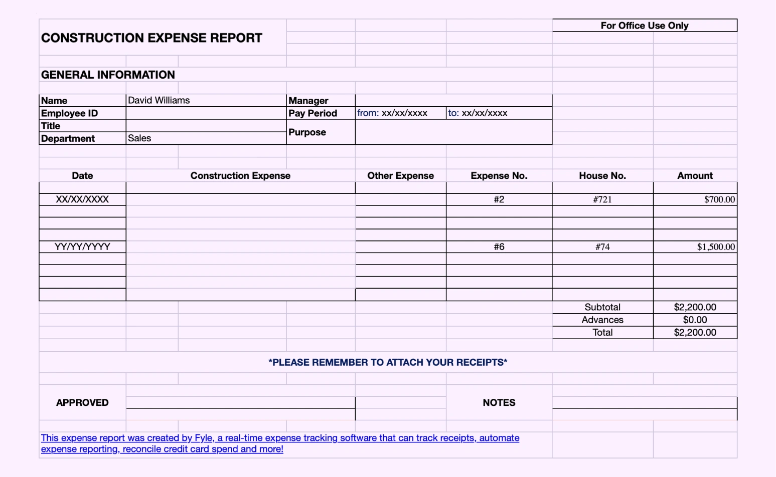 Expense report template for construction expenses.