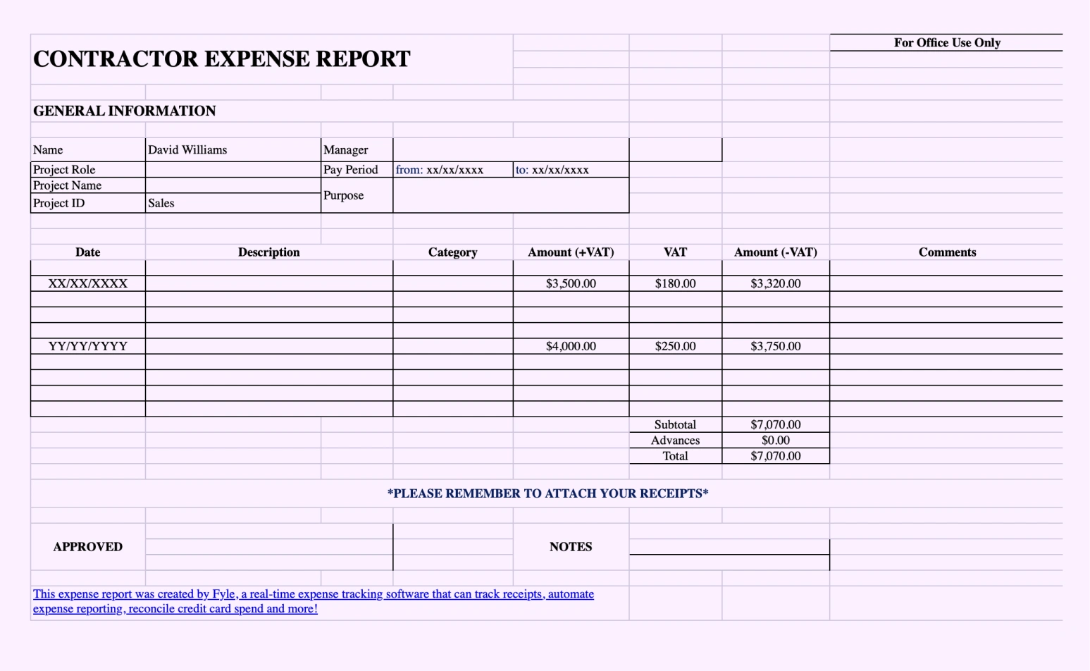 Expense report template for contractor expenses.