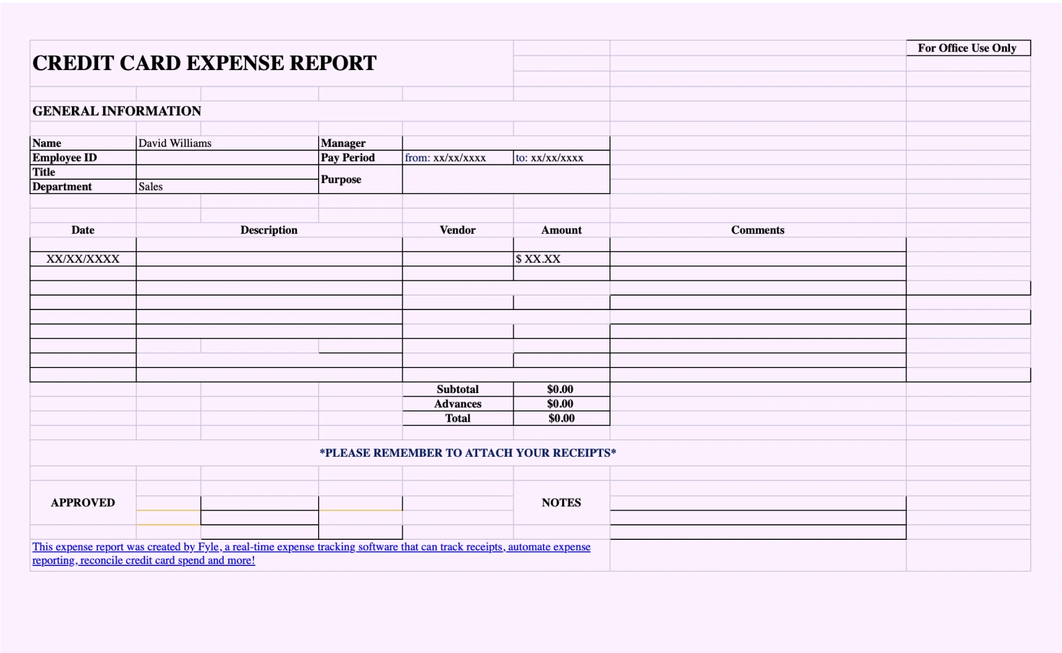 Expense report template for credit card expenses.
