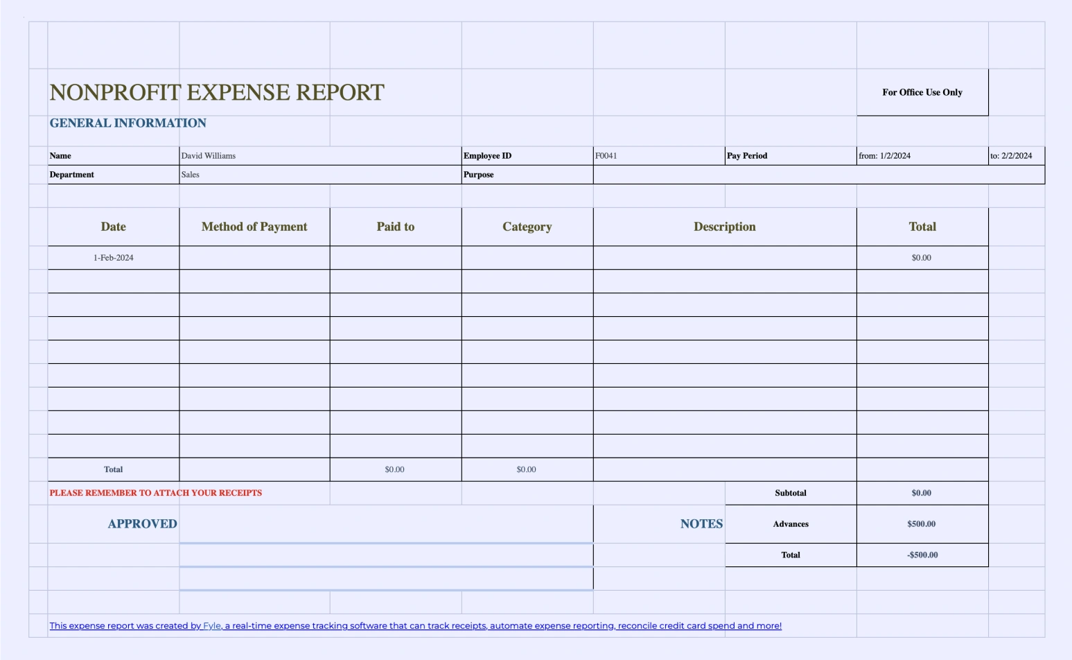 Nonprofit expense report template.