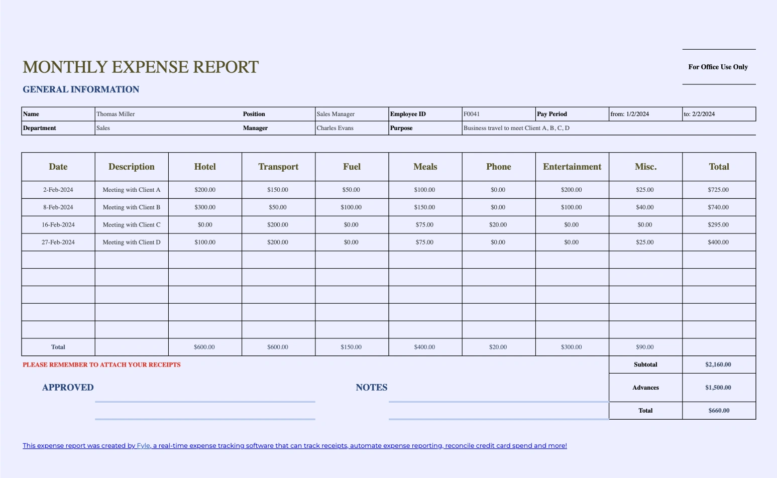 Expense report template for monthly business expenses.