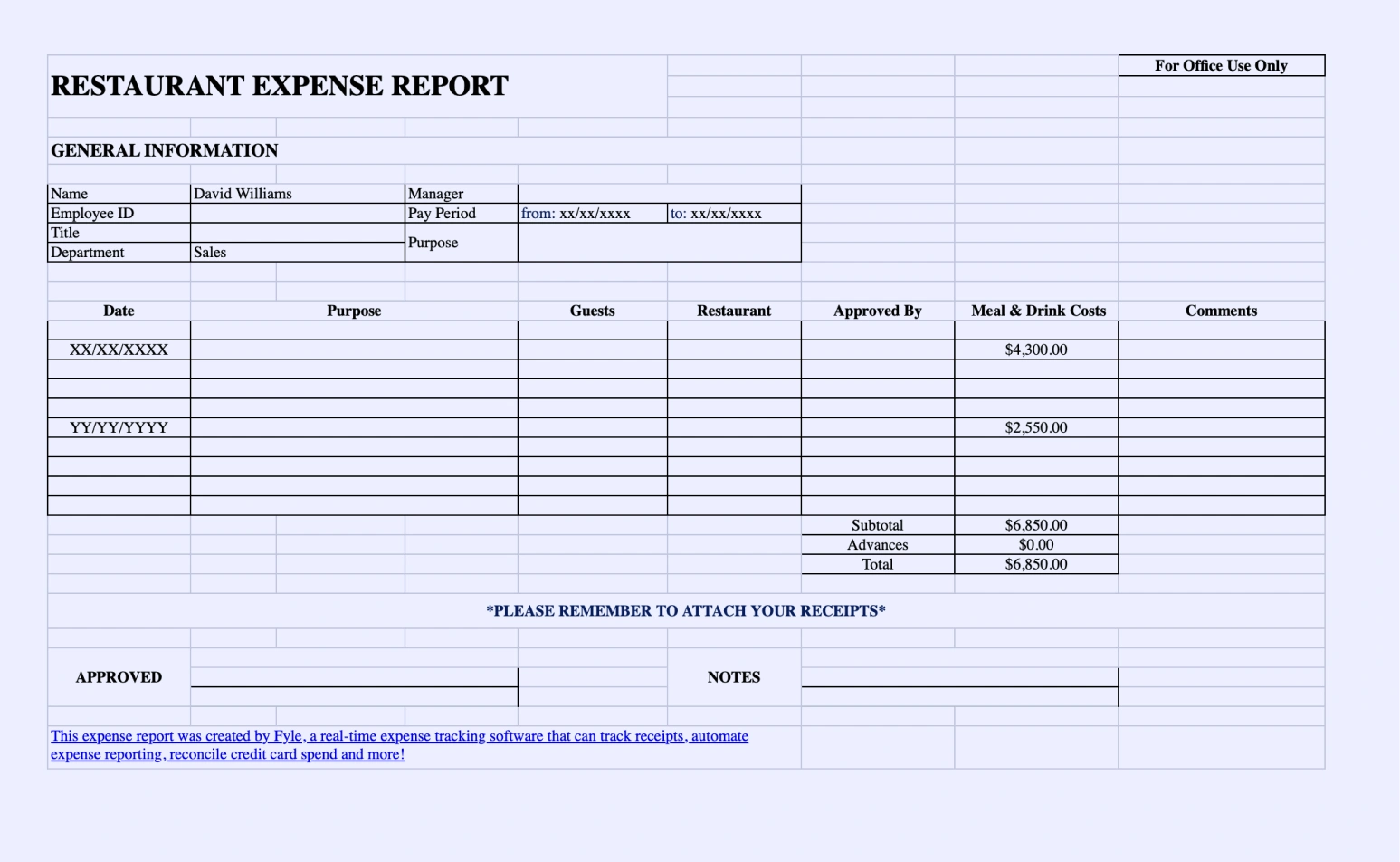 Expense report template for restaurant expenses.