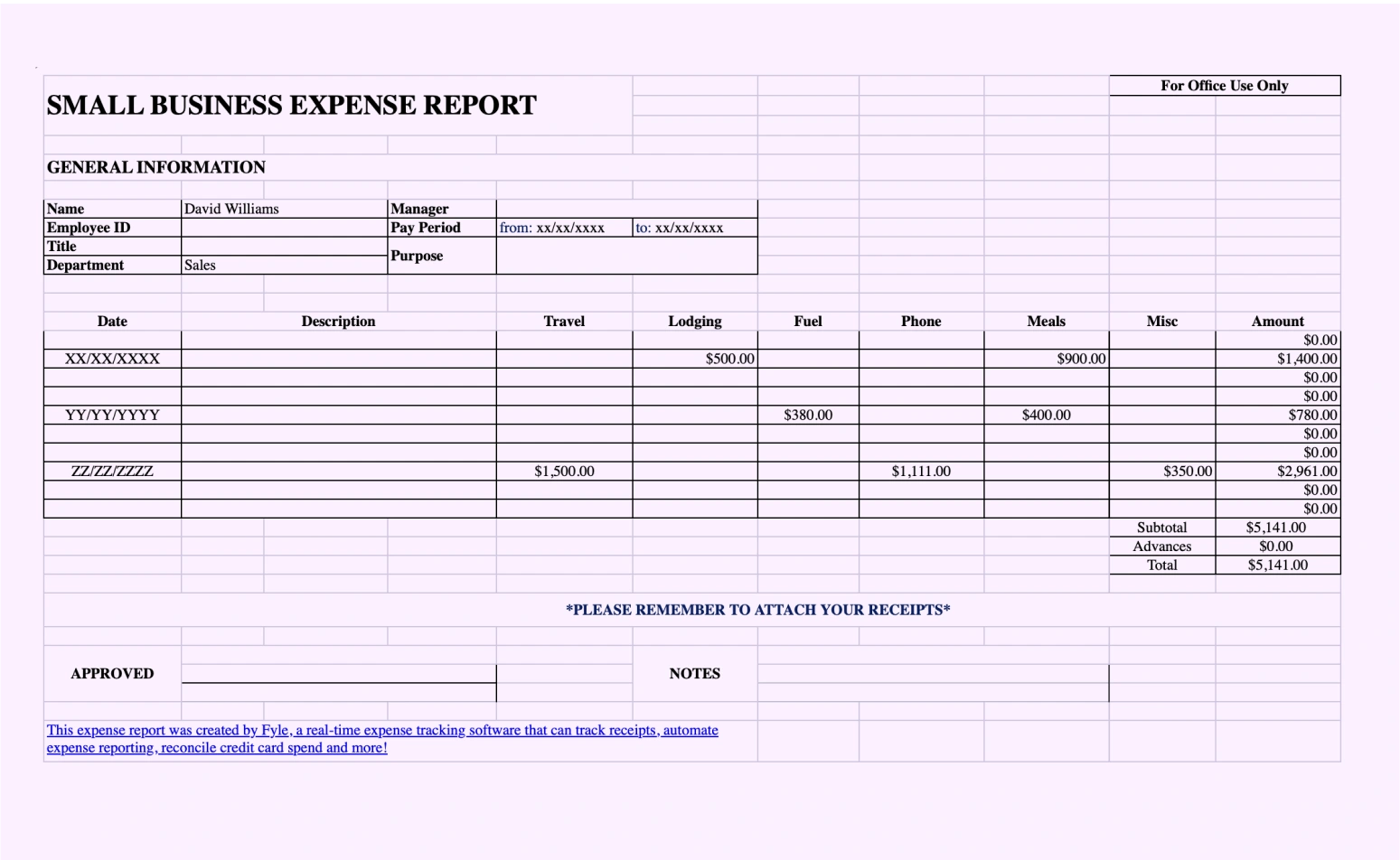 Expense report template for small business expenses.
