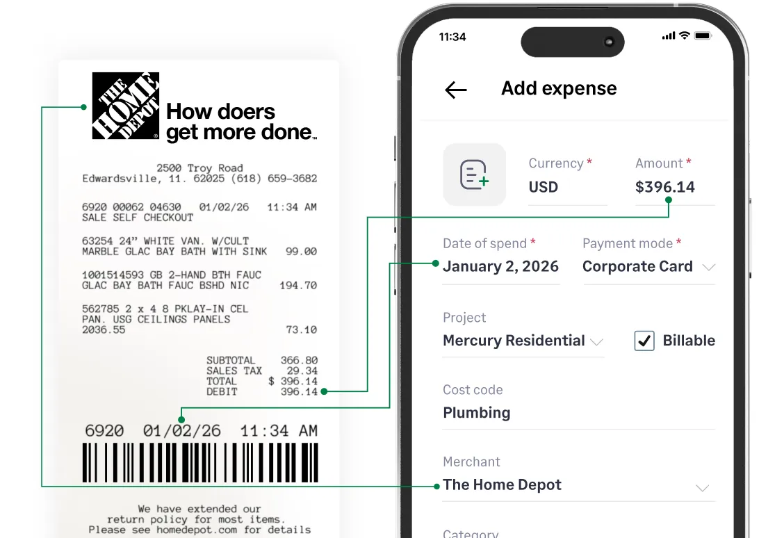 AI automatically extracts and codes key expense details from receipts, including merchant, amount, date, and category.
