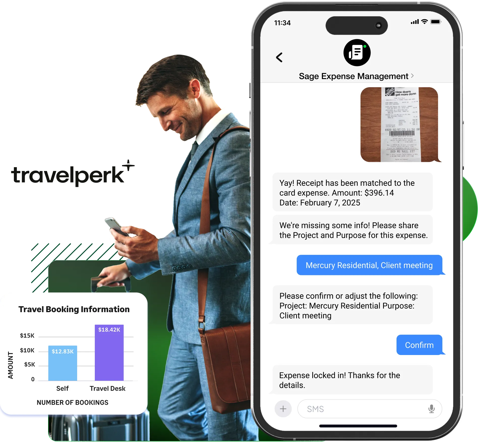 A traveling employee submitting expenses via text message to Sage Expense Management
