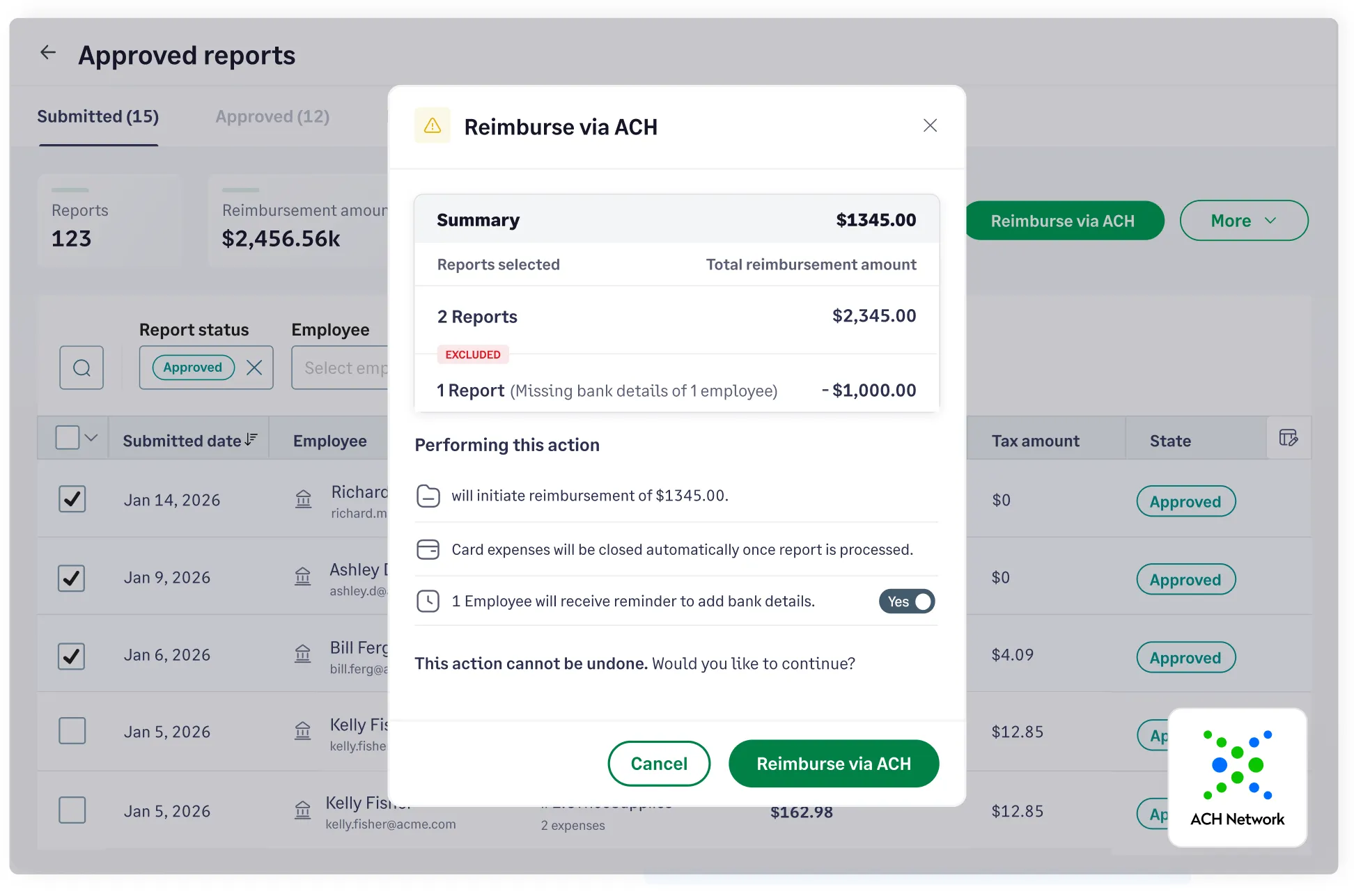 Finance dashboard showing automated ACH reimbursements for real estate agents with real-time status tracking for property expenses.
